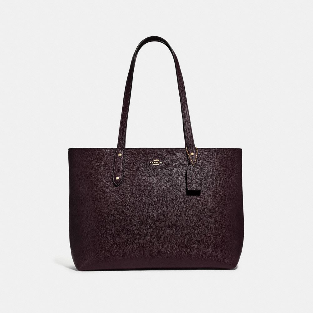 COACH®,CENTRAL TOTE WITH ZIP,Pebbled Leather,X-Large,Gold/Oxblood,Front View