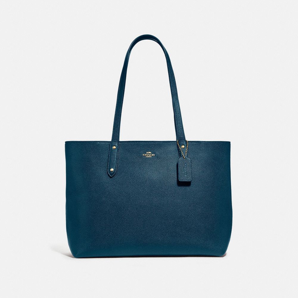 COACH®,CENTRAL TOTE WITH ZIP,Pebbled Leather,X-Large,Gold/Peacock,Front View