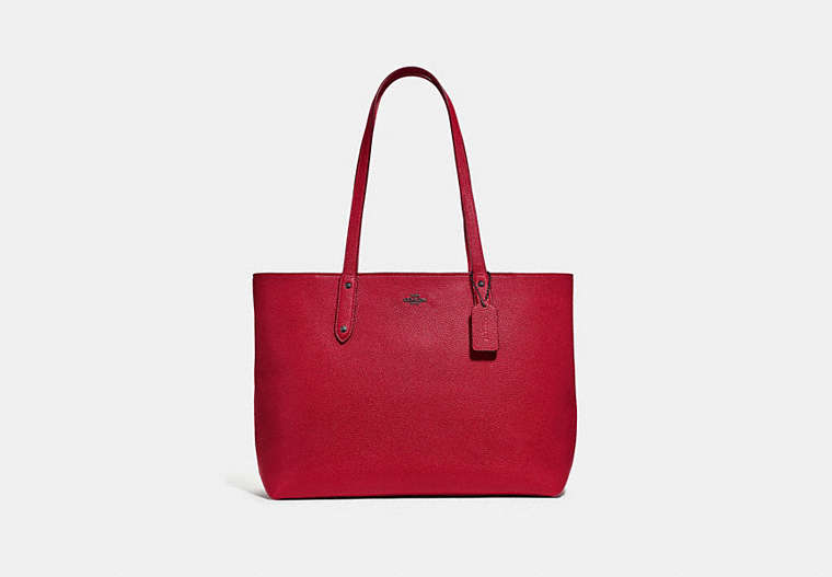 COACH®,CENTRAL TOTE WITH ZIP,Pebbled Leather,X-Large,Gunmetal/Red Apple,Front View