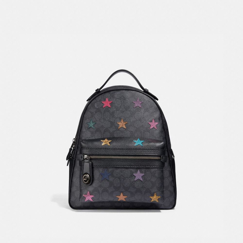 COACH®,CAMPUS BACKPACK IN SIGNATURE CANVAS WITH STAR APPLIQUE AND SNAKESKIN DETAIL,Coated Canvas,Large,Charcoal/Multi/Pewter,Front View