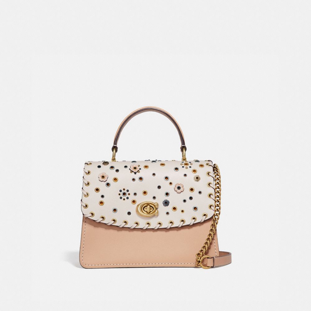 COACH®,PARKER TOP HANDLE WITH SCATTERED RIVETS,Leather,Medium,Brass/Chalk Multi,Front View