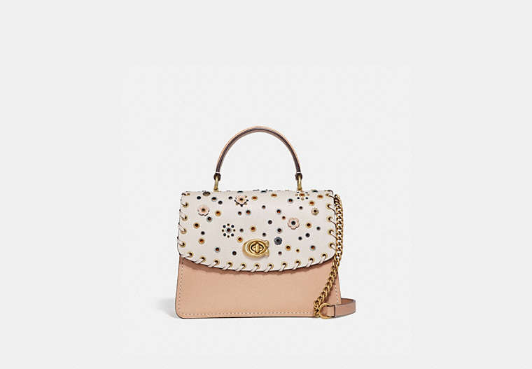 COACH®,PARKER TOP HANDLE WITH SCATTERED RIVETS,Leather,Medium,Brass/Chalk Multi,Front View