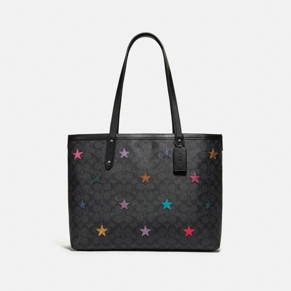 COACH®,CENTRAL TOTE IN SIGNATURE CANVAS WITH STAR APPLIQUE AND SNAKESKIN DETAIL,Coated Canvas,Large,Charcoal/Multi/Pewter,Front View