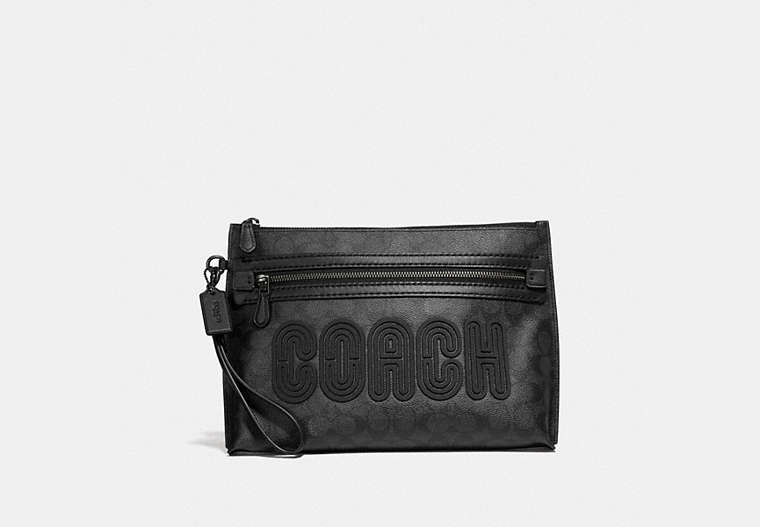 COACH®,ACADEMY POUCH IN SIGNATURE CANVAS WITH COACH PRINT,Coated Canvas,Charcoal,Front View image number 0