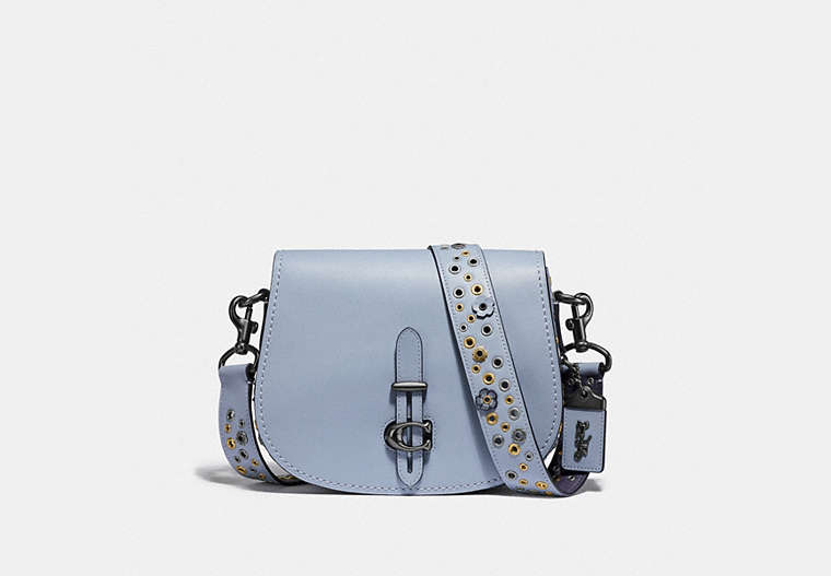 COACH®,SADDLE WITH SCATTERED RIVETS,Glovetanned Leather,Pewter/Mist,Front View image number 0