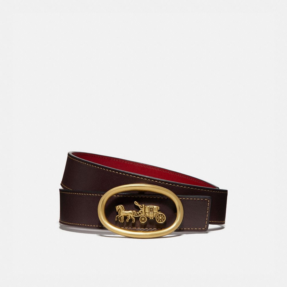 COACH®,HORSE AND CARRIAGE BUCKLE BELT, 32MM,Leather,Brass/Oxblood 1941 Red,Front View