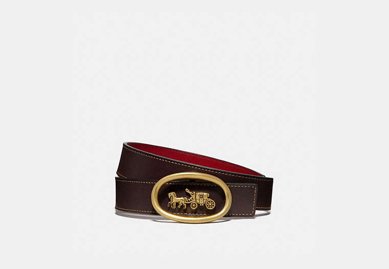 COACH®,HORSE AND CARRIAGE BUCKLE BELT, 32MM,Leather,Brass/Oxblood 1941 Red,Front View