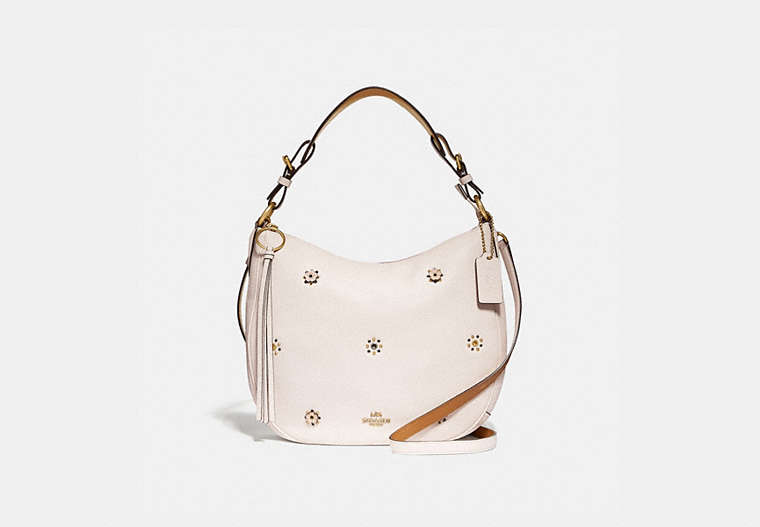 COACH®,SUTTON HOBO WITH SCATTERED RIVETS,Leather,Medium,Brass/Chalk,Front View