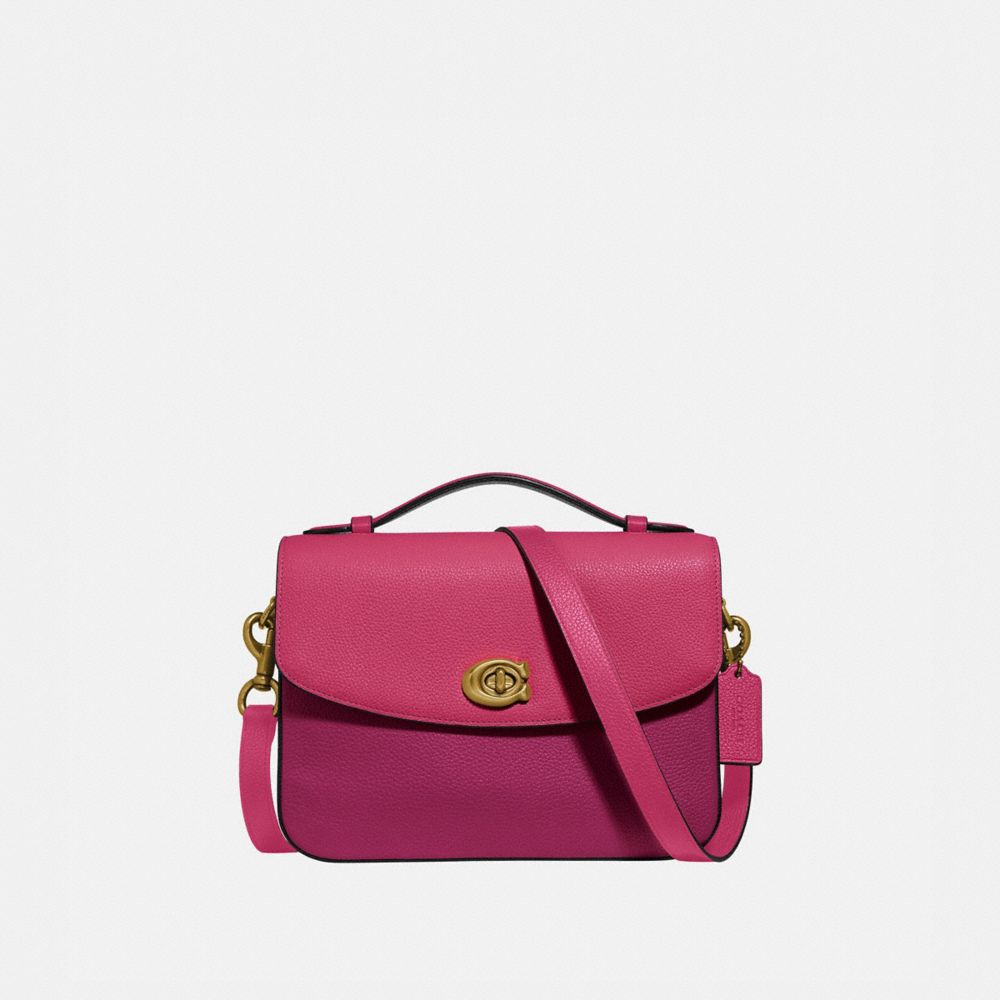 COACH®,CASSIE CROSSBODY IN COLORBLOCK,Pebble Leather,Small,Brass/Bright Cherry Multi,Front View