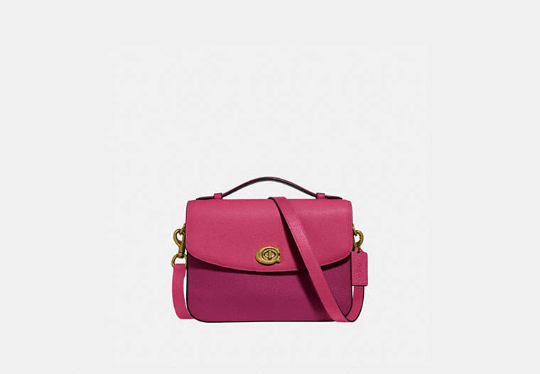 COACH®,CASSIE CROSSBODY IN COLORBLOCK,Pebble Leather,Small,Brass/Bright Cherry Multi,Front View image number 0