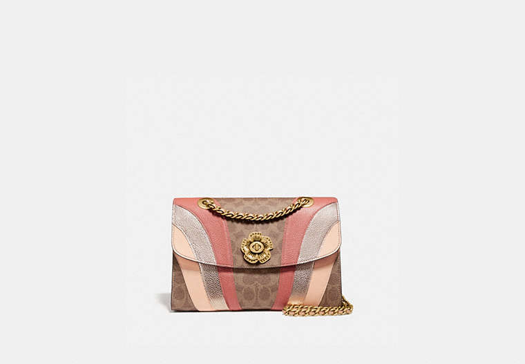 COACH®,PARKER IN SIGNATURE CANVAS WITH WAVE PATCHWORK,Leather,Medium,Brass/Tan Multi,Front View