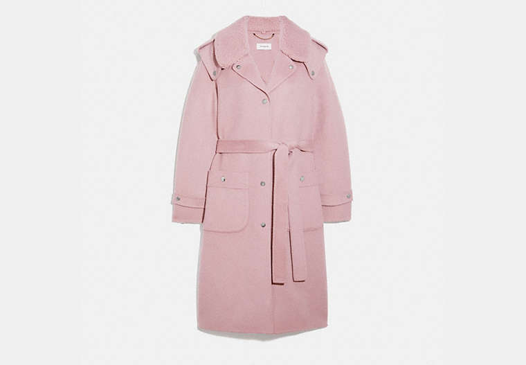 COACH®,DOUBLE FACE MIDI COAT WITH REMOVABLE SHEARLING COLLAR,wool,Mauve,Front View image number 0