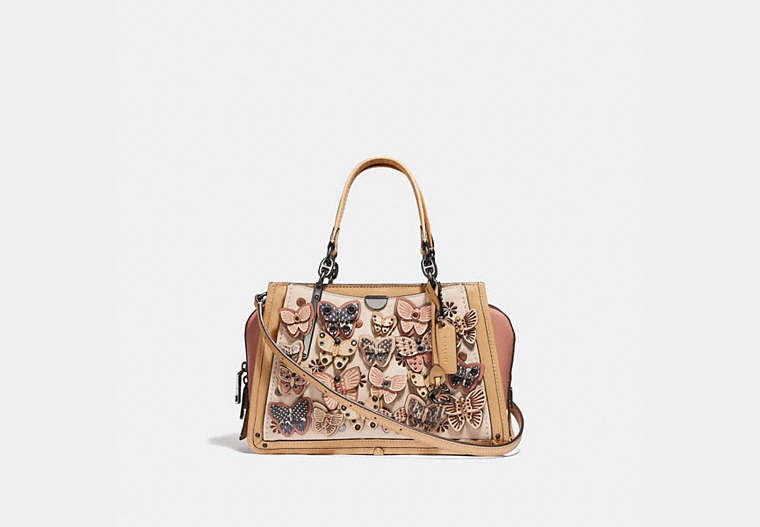 COACH®,DREAMER WITH BUTTERFLY APPLIQUE AND SNAKESKIN DETAIL,Leather,Medium,Ivory Multi/Pewter,Front View