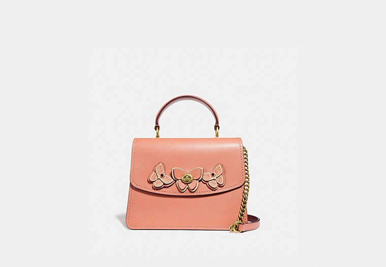 COACH®,PARKER TOP HANDLE WITH BUTTERFLY APPLIQUE,Leather,Medium,Brass/Light Peach,Front View