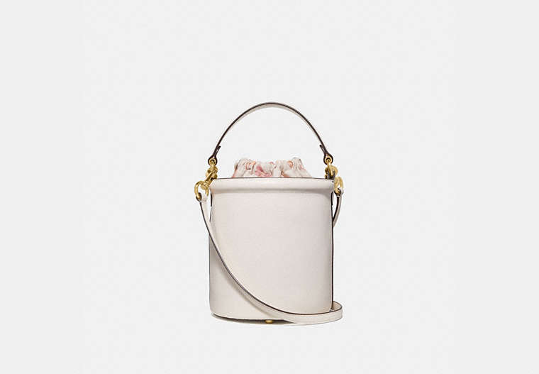 COACH®,DRAWSTRING BUCKET BAG,Leather,Medium,Gold/Chalk,Front View image number 0