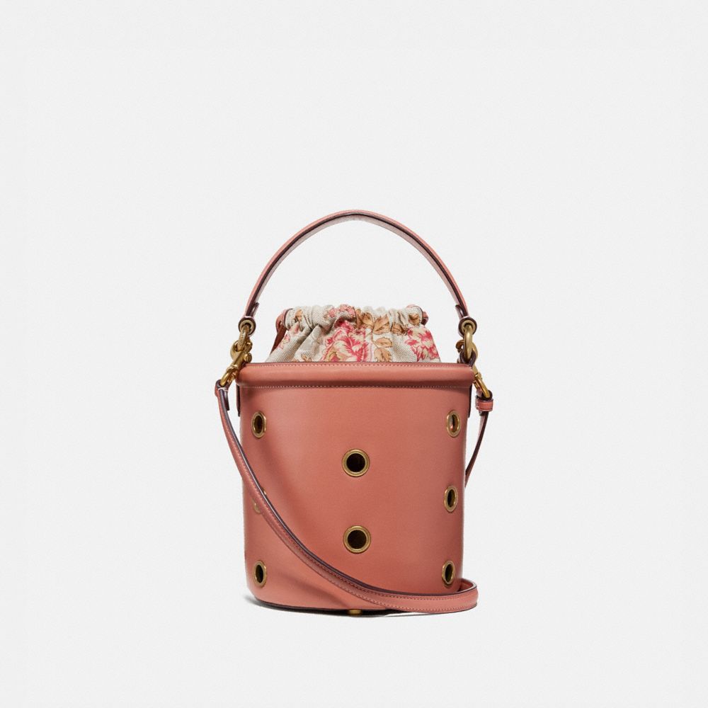COACH®,DRAWSTRING BUCKET BAG WITH GROMMETS,Leather,Medium,Brass/Light Peach,Front View image number 0