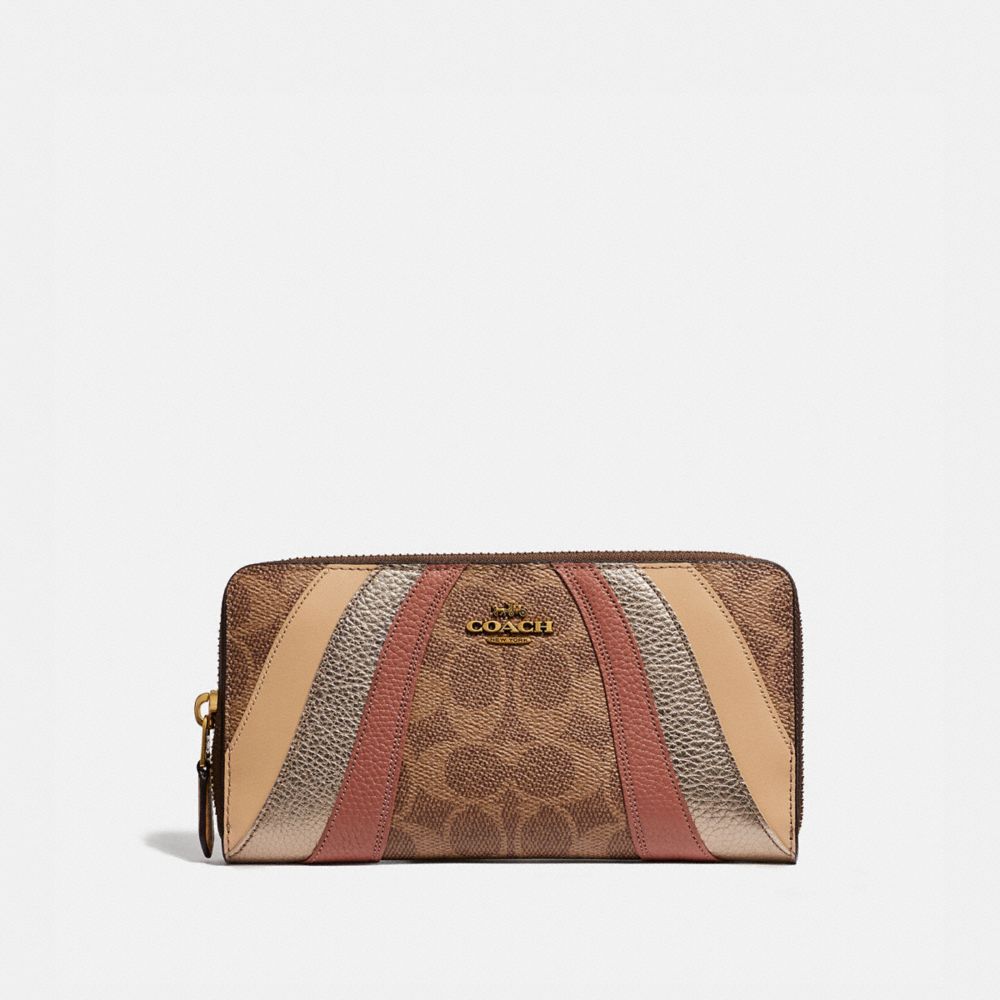 COACH®,ACCORDION ZIP WALLET IN SIGNATURE CANVAS WITH WAVE PATCHWORK,pvc,Brass/Tan Multi,Front View