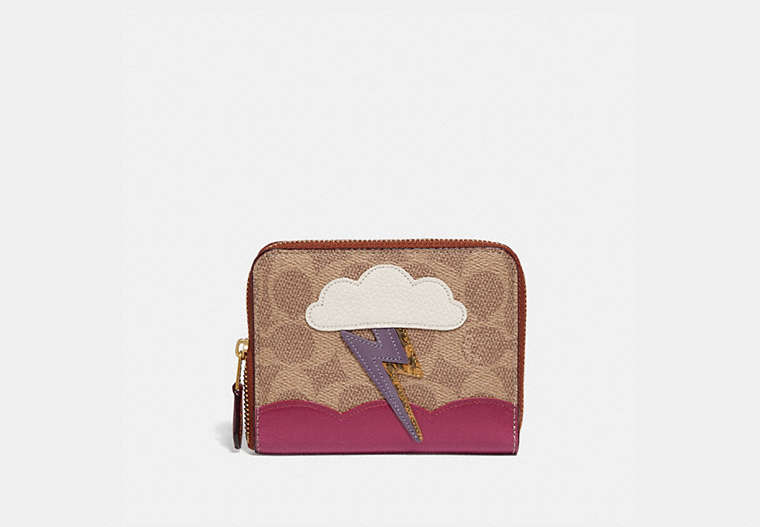 Small Zip Around Wallet In Signature Canvas With Lightning Cloud Applique And Snakeskin Detail