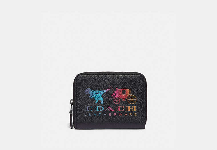 COACH®,SMALL ZIP AROUND WALLET WITH REXY AND CARRIAGE,Pebble Leather,Gunmetal/Black Multi,Front View