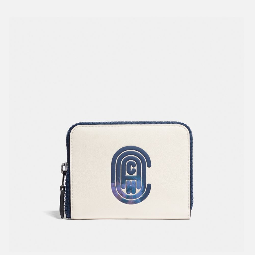 COACH®,SMALL ZIP AROUND WALLET WITH COACH PATCH,Leather,Gunmetal/Chalk Multi,Front View image number 0