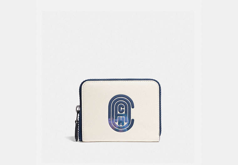 COACH®,SMALL ZIP AROUND WALLET WITH COACH PATCH,Leather,Gunmetal/Chalk Multi,Front View