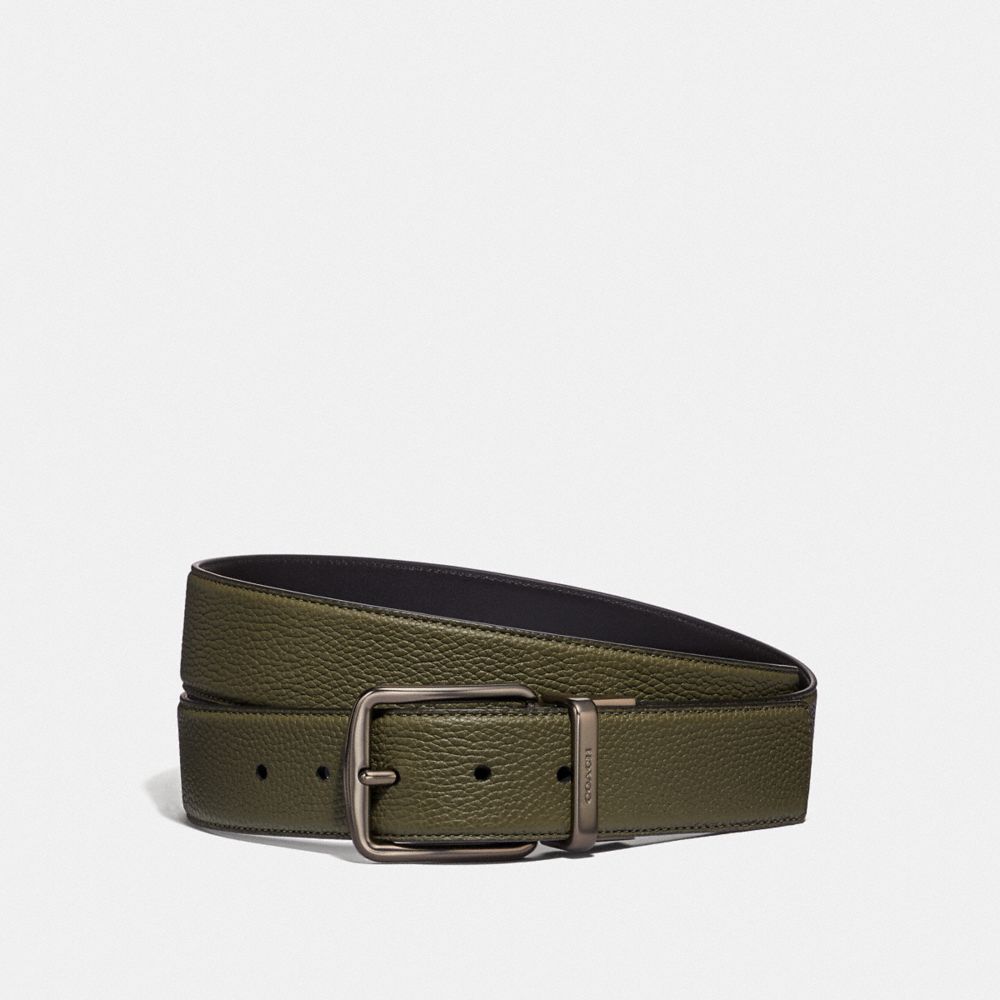 COACH®,HARNESS BUCKLE CUT-TO-SIZE REVERSIBLE BELT, 38MM,Leather,Light Olive/Black,Front View