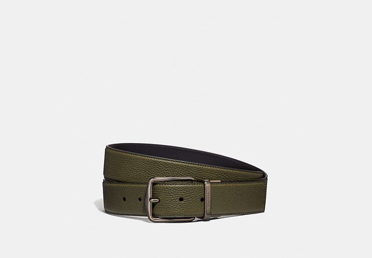 COACH®,HARNESS BUCKLE CUT-TO-SIZE REVERSIBLE BELT, 38MM,Leather,Light Olive/Black,Front View