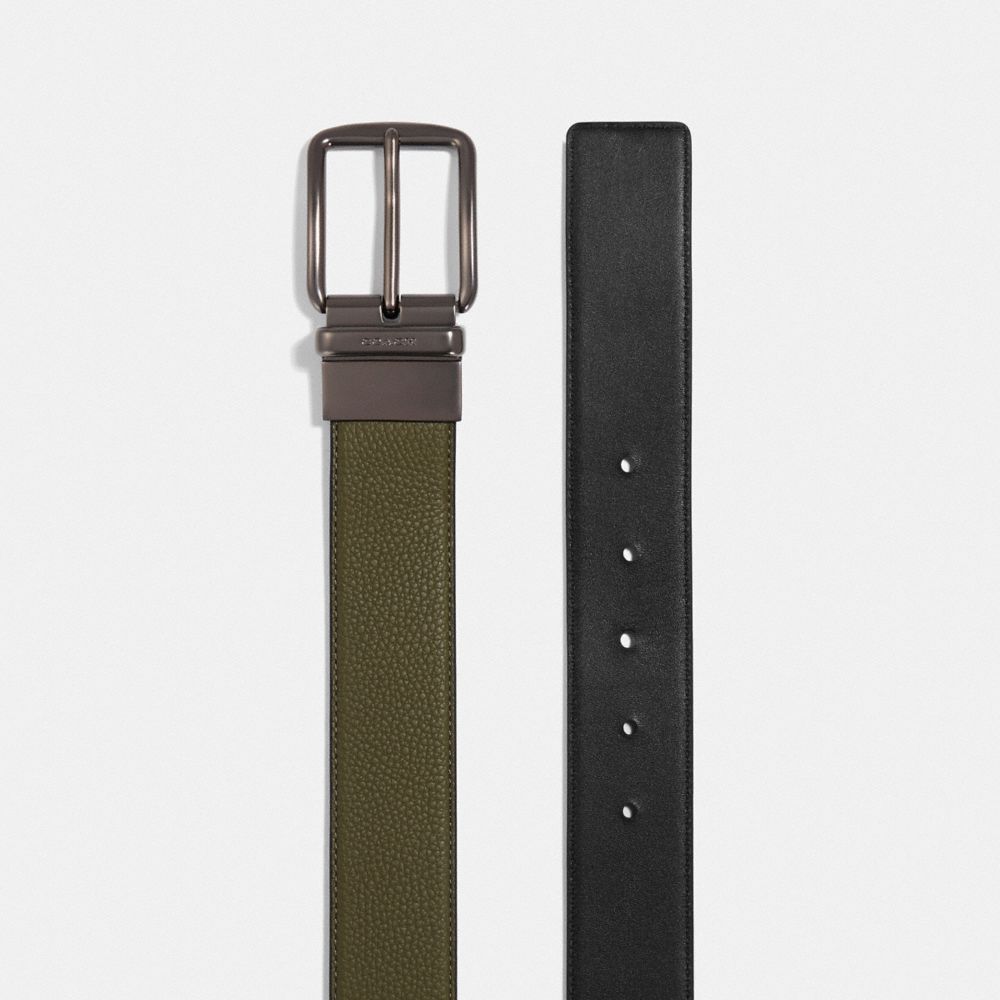 COACH®,HARNESS BUCKLE CUT-TO-SIZE REVERSIBLE BELT, 38MM,Leather,Light Olive/Black,Angle View