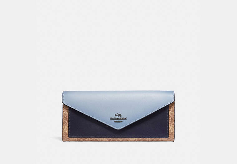 COACH®,SOFT WALLET IN COLORBLOCK SIGNATURE CANVAS,pvc,Pewter/Tan Mist Ink,Front View