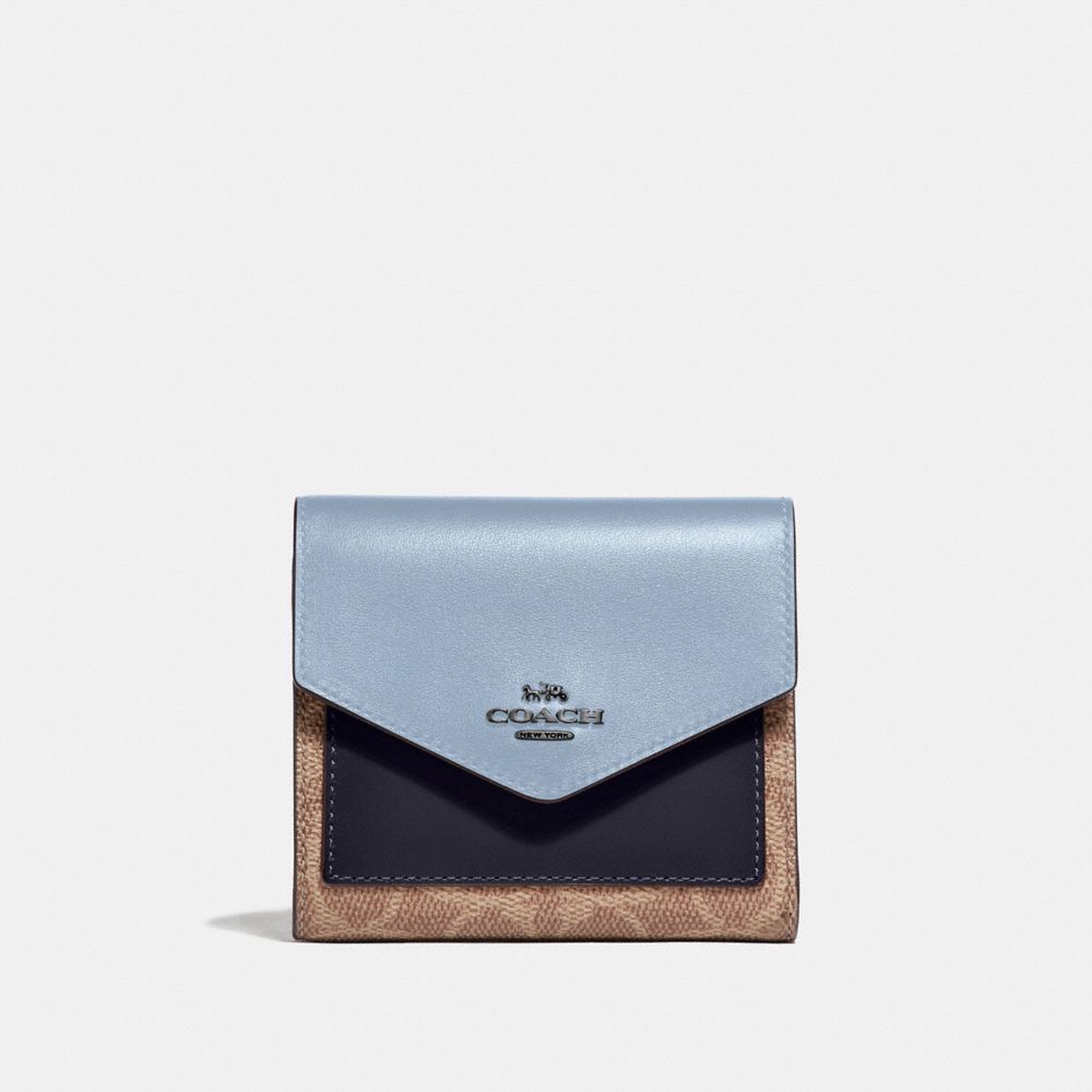 COACH®,SMALL WALLET IN COLORBLOCK SIGNATURE CANVAS,Coated Canvas,Pewter/Tan Mist Ink,Front View