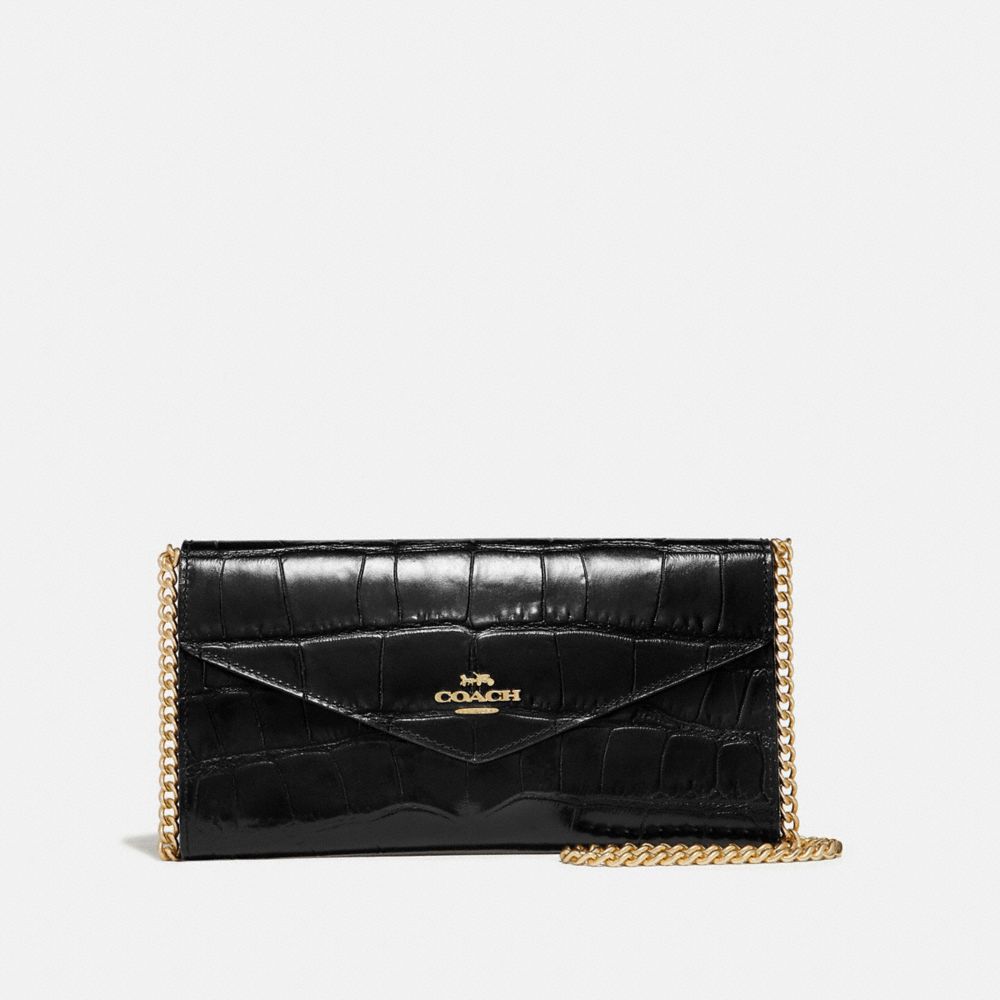 COACH®,ENVELOPE CHAIN WALLET,Leather,Gold/Black,Front View