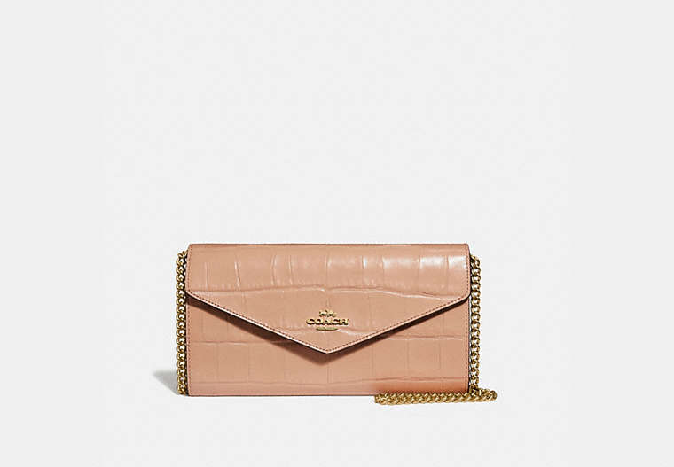 COACH®,ENVELOPE CHAIN WALLET,Leather,Gold/Beechwood,Front View