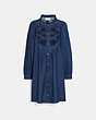 COACH®,EMBROIDERED DENIM DRESS,cotton,Shady Blue,Front View