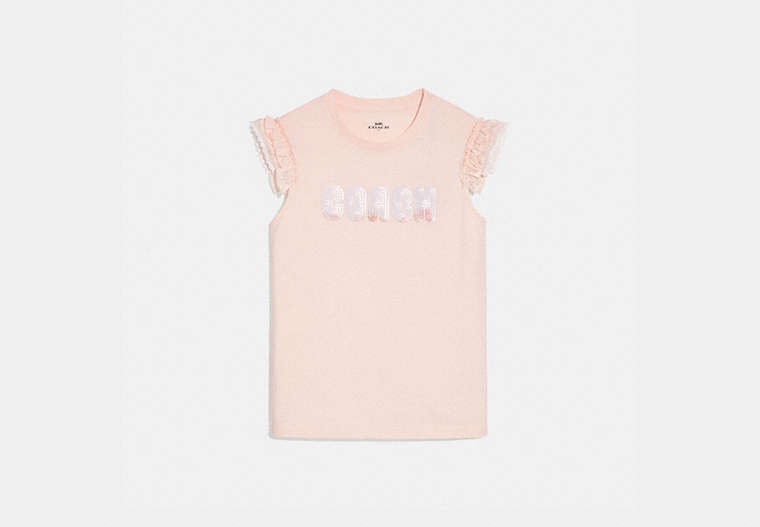 COACH®,COACH PRINT T-SHIRT WITH EMBROIDERED CAP SLEEVES,cotton,PINK,Front View