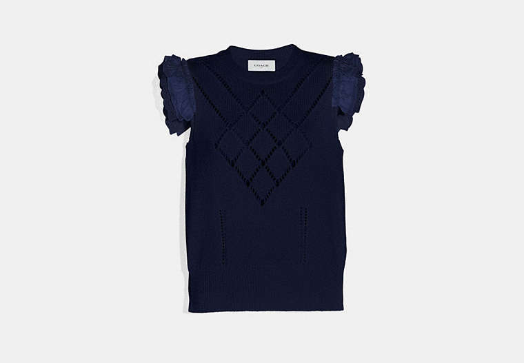 COACH®,BRODERIE ANGLAISE SLEEVELESS SWEATER,n/a,NAVY,Front View