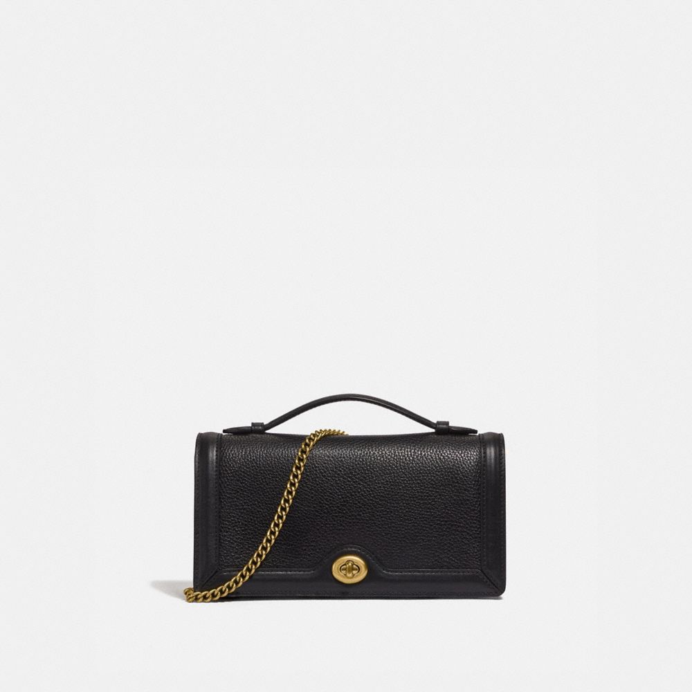 COACH®,RILEY CHAIN CLUTCH,Pebbled Leather,Mini,Brass/Black,Front View