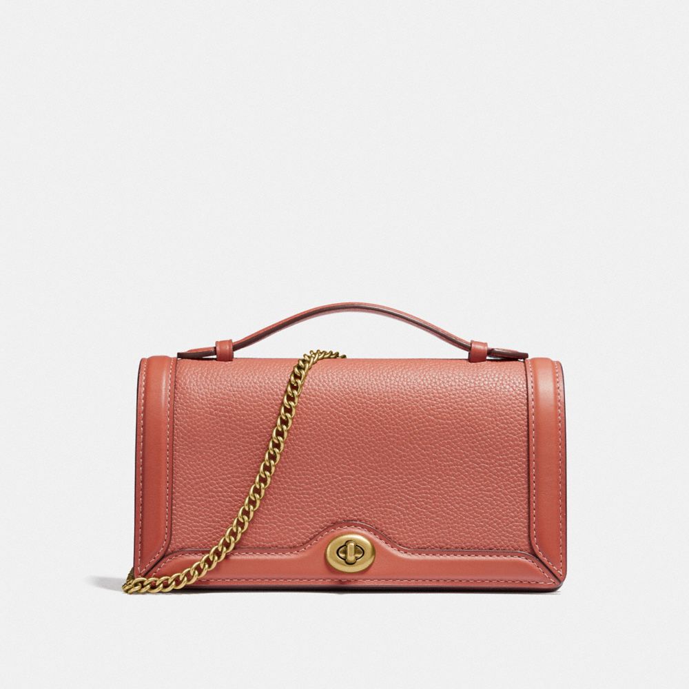 COACH®,RILEY CHAIN CLUTCH,Pebbled Leather,Mini,Brass/Light Peach,Front View