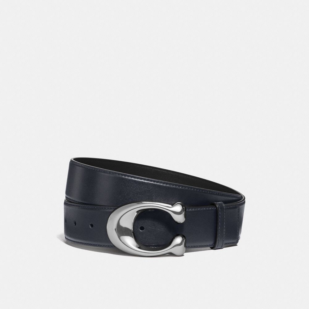 COACH®,SIGNATURE BUCKLE CUT-TO-SIZE DRESS BELT, 38MM,Leather,MIDNIGHT/BLACK,Front View