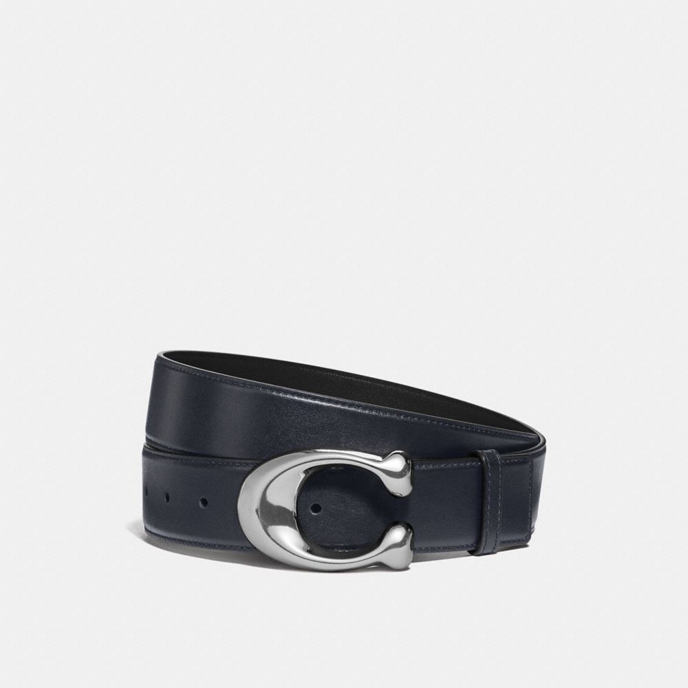 COACH®,SIGNATURE BUCKLE CUT-TO-SIZE DRESS BELT, 38MM,Leather,MIDNIGHT/BLACK,Front View image number 0