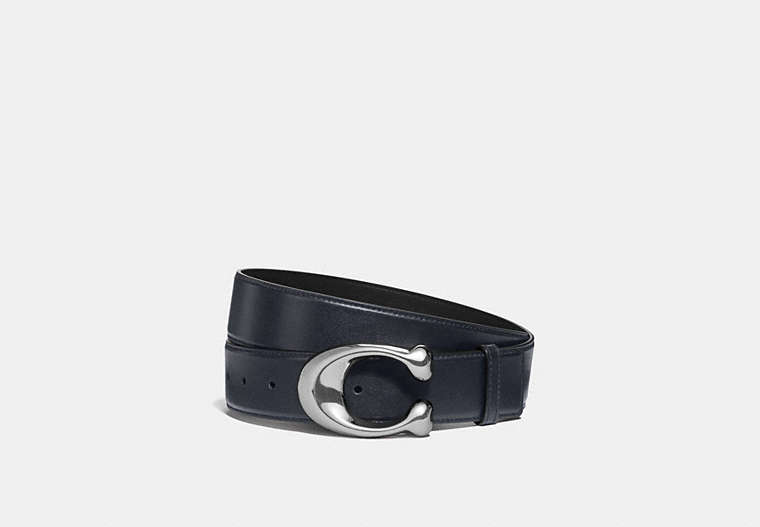 COACH®,SIGNATURE BUCKLE CUT-TO-SIZE DRESS BELT, 38MM,Leather,MIDNIGHT/BLACK,Front View image number 0