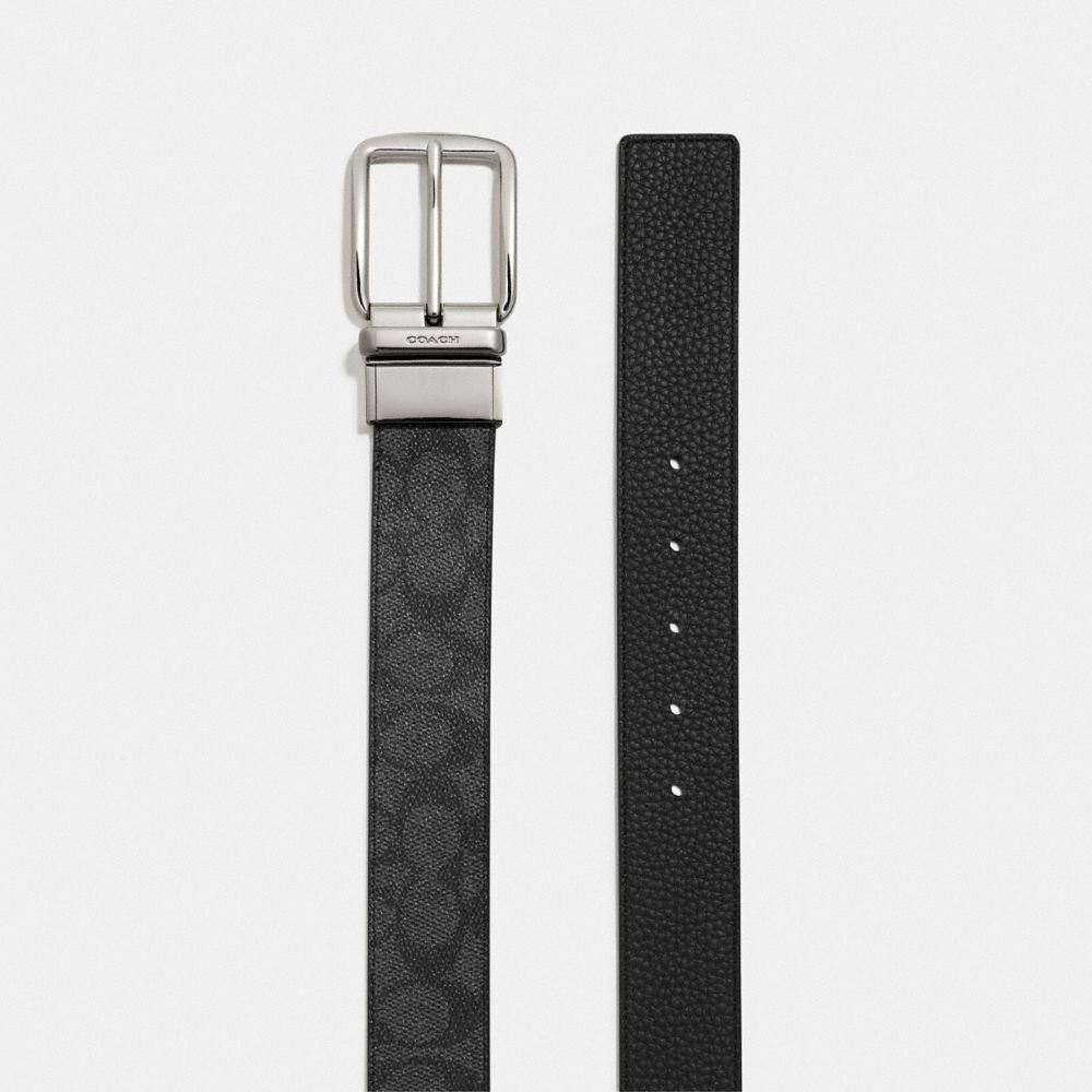 COACH®,BOXED PLAQUE AND HARNESS BUCKLE CUT-TO-SIZE REVERSIBLE BELT, 38MM,Leather,Black/Charcoal,Angle View