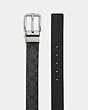 COACH®,BOXED PLAQUE AND HARNESS BUCKLE CUT-TO-SIZE REVERSIBLE BELT, 38MM,Leather,Black/Charcoal,Angle View
