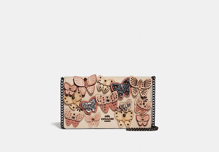 COACH®,CALLIE FOLDOVER CHAIN CLUTCH WITH BUTTERFLY APPLIQUE,Leather,Mini,Ivory Multi/Pewter,Front View
