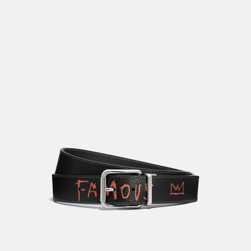 COACH®,COACH X JEAN-MICHEL BASQUIAT HARNESS BUCKLE CUT-TO-SIZE REVERSIBLE BELT,Pebble Leather/Smooth Leather,Black,Front View image number 0