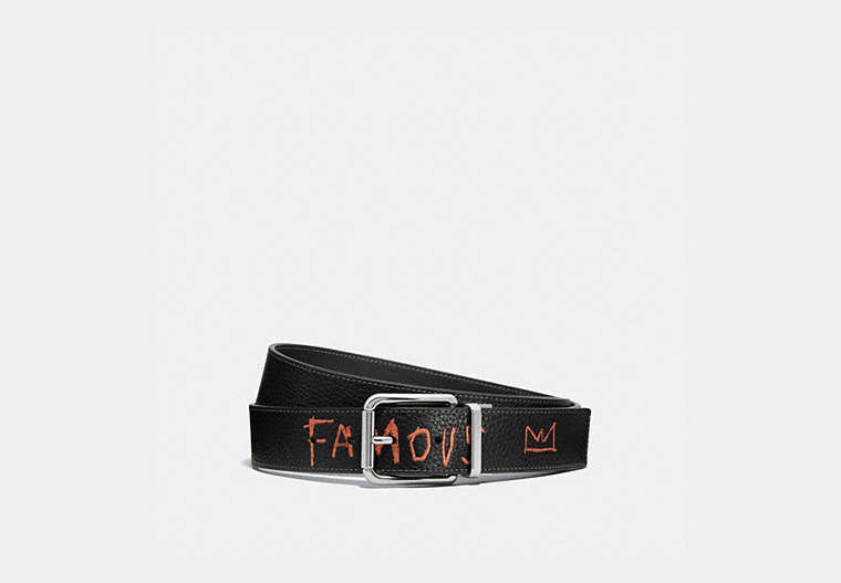 COACH®,COACH X JEAN-MICHEL BASQUIAT HARNESS BUCKLE CUT-TO-SIZE REVERSIBLE BELT,Pebble Leather/Smooth Leather,Black,Front View image number 0