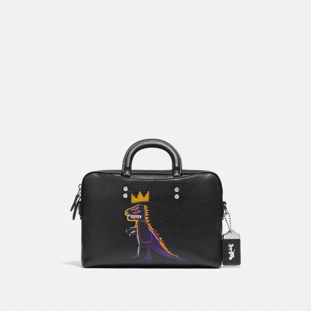 COACH®,COACH X JEAN-MICHEL BASQUIAT ROGUE SLIM BRIEF 25,Pebble Leather/Smooth Leather,Small,Black,Front View image number 0