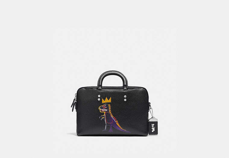 COACH®,COACH X JEAN-MICHEL BASQUIAT ROGUE SLIM BRIEF 25,Pebble Leather/Smooth Leather,Small,Black,Front View