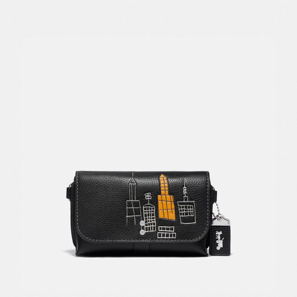 COACH®,COACH X JEAN-MICHEL BASQUIAT ROGUE CROSSBODY 20,Pebble Leather/Smooth Leather,Mini,Black,Front View
