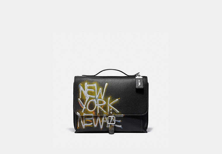 COACH®,COACH X JEAN-MICHEL BASQUIAT ROGUE MESSENGER,Pebble Leather/Smooth Leather,Medium,0I/Black,Front View