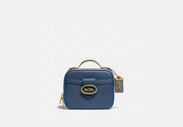 COACH®,RILEY LUNCHBOX BAG IN COLORBLOCK,Leather,Small,Brass/Dark Denim Multi,Front View